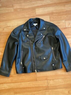 Topshop Oversized Faux Leather Moto Jacket Black Size 6 Biker Jacket